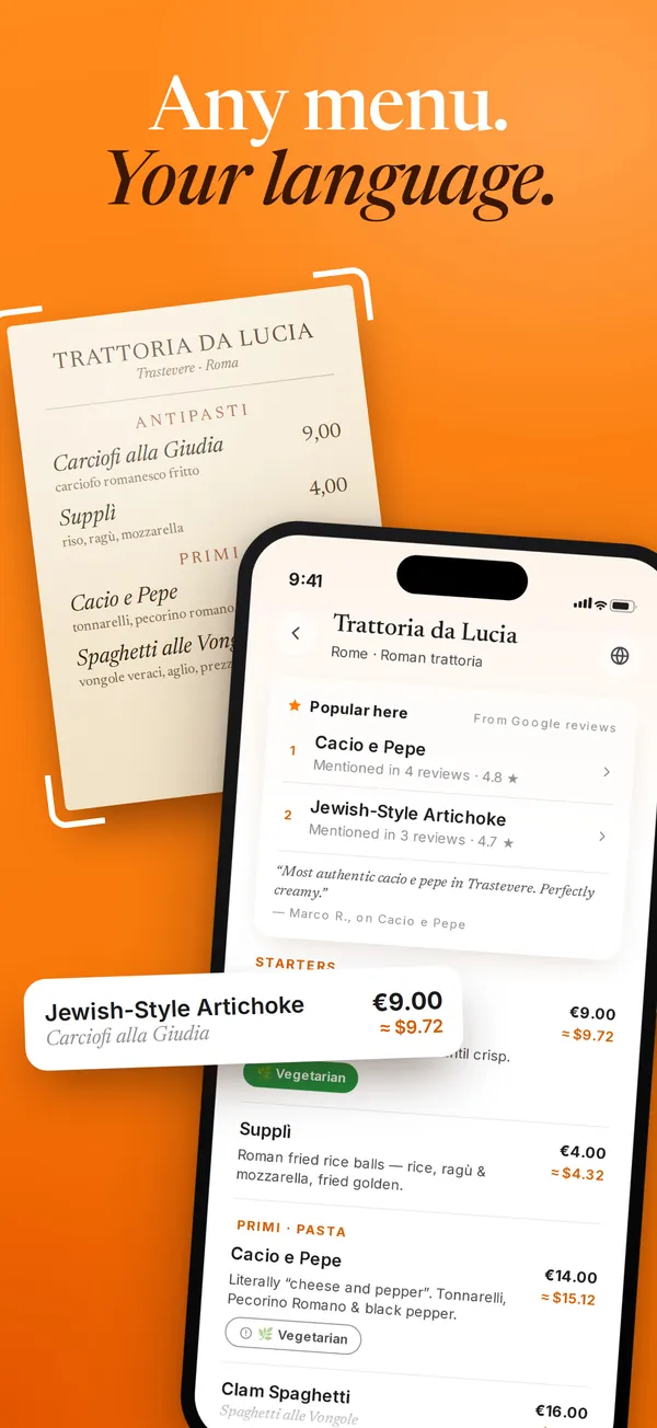 A printed Italian menu next to the same menu translated in the MenuSnapp app.