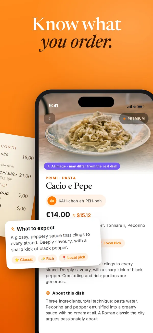 Know what you order. The Cacio e Pepe dish page with what to expect and how to pronounce it.