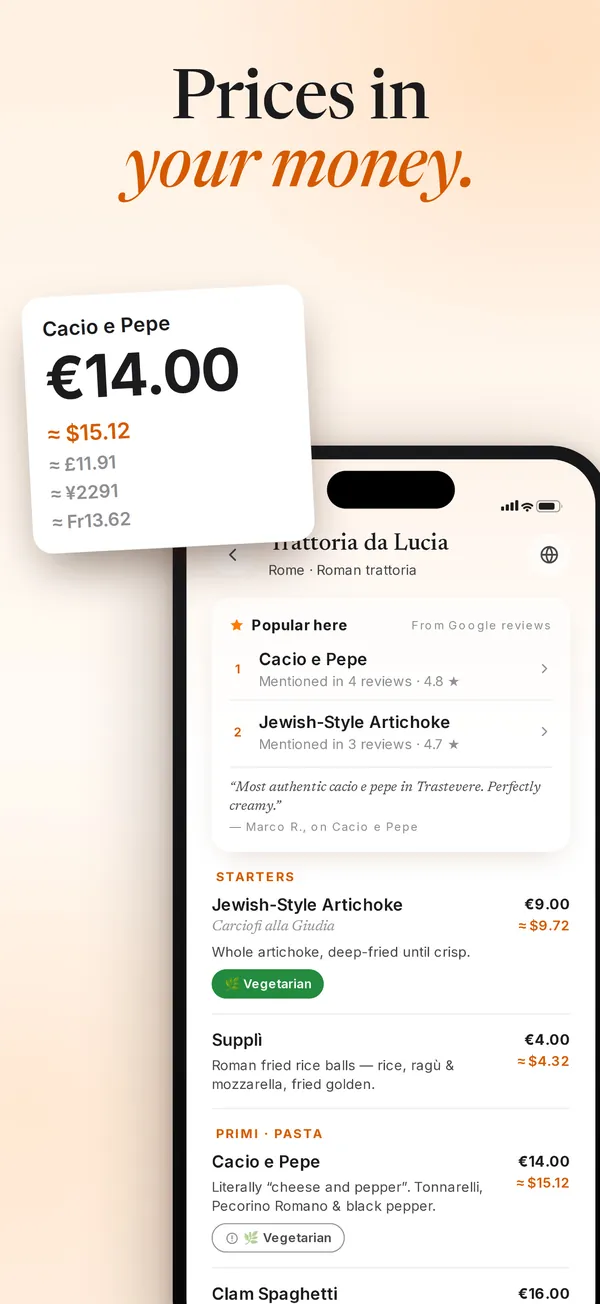 Prices in your money. 14 euros shown as dollars, pounds, yen and francs.