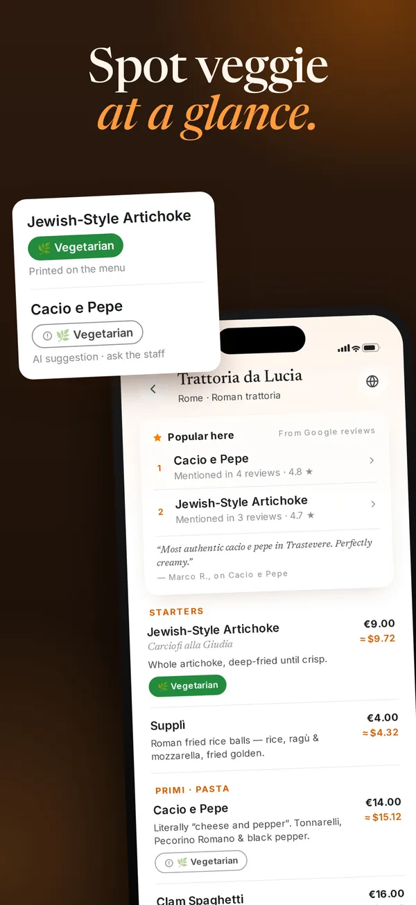 Spot veggie at a glance. Vegetarian badges, marked as printed on the menu or suggested by AI.